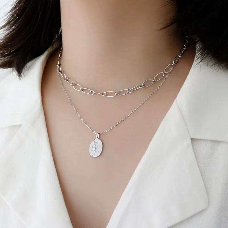 2022 INS 925 Sterling Silver Beautiful Plain Geometric Rose Shape Coin Necklace for Women