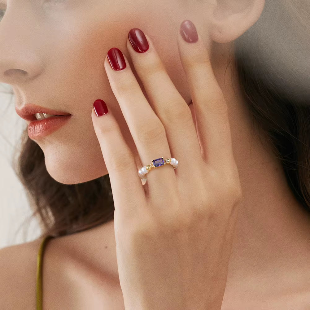 Dropshipping 925 Sterling Silver Square Multi Color Zircon with Natural Freshwater Pearl Ring Jewelry for Women