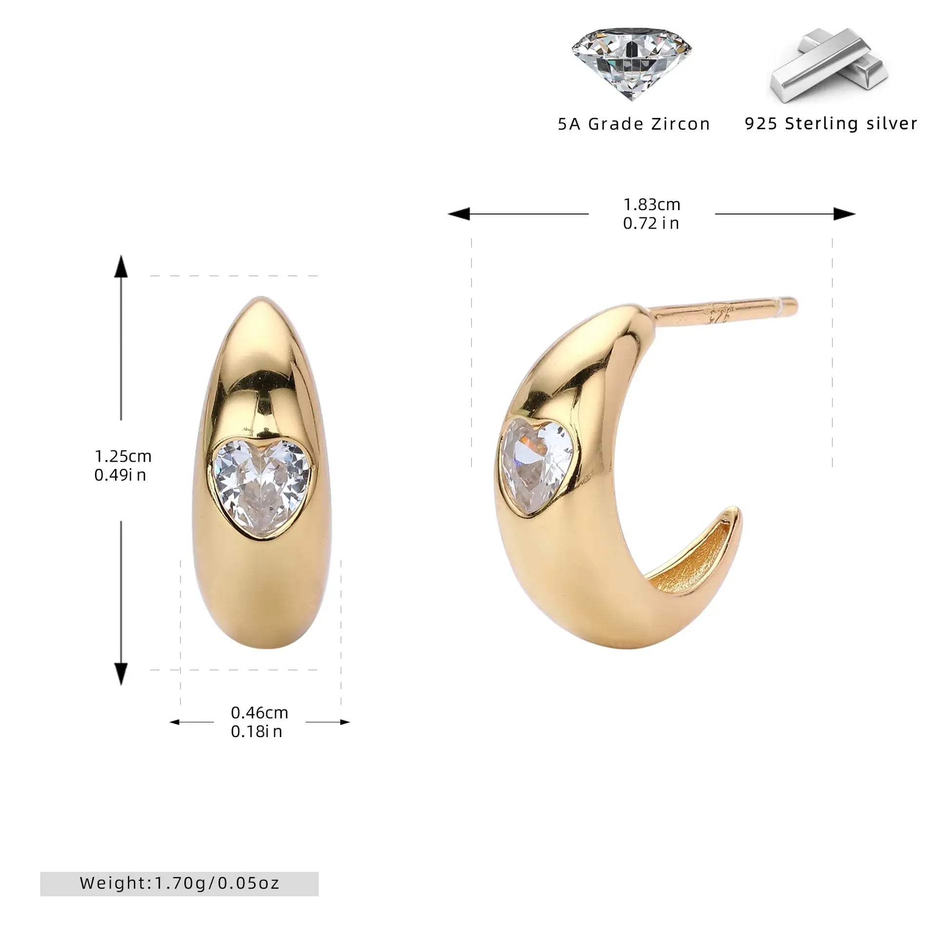 Gold Plated Sterling Silver C-Shaped Heart Zircon Earrings