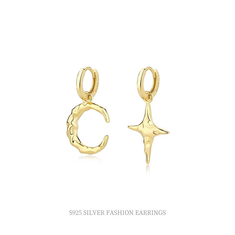 Wholesale 925 Silver Earrings Women 925 Sterling Silver Moon and Star Drop Hoop Earrings Gold Plated Drop Earrings Jewelry