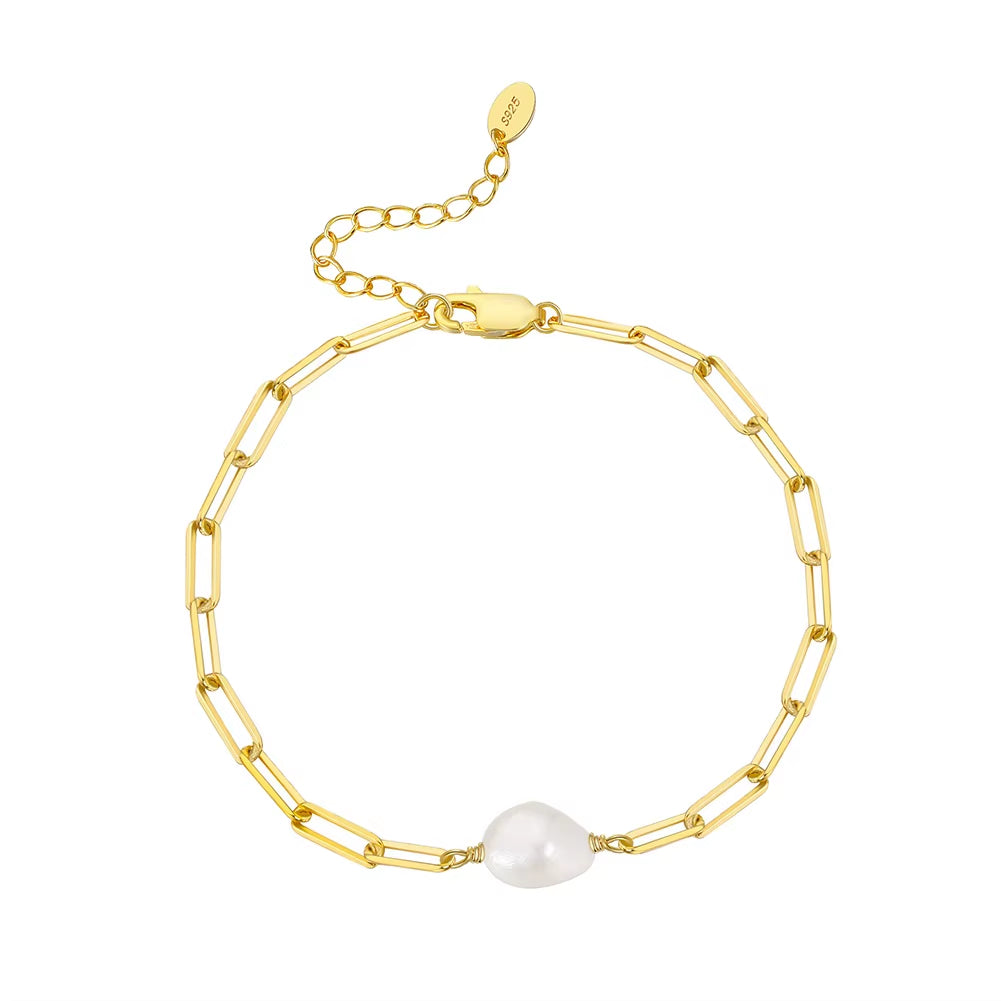 925 Silver Freshwater Pearl Bracelet Baroque Culture Paperclip Figaro Chain Link Chain Gold Plated Dainty Pearl Bracelets