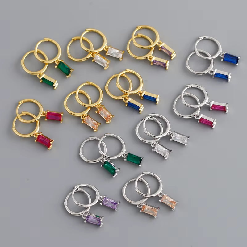 2024 Fashion 925 Sterling Silver Fashion Rectangular Blue White Red Turquoise Diamond Zirconia Hoop Earrings for Women