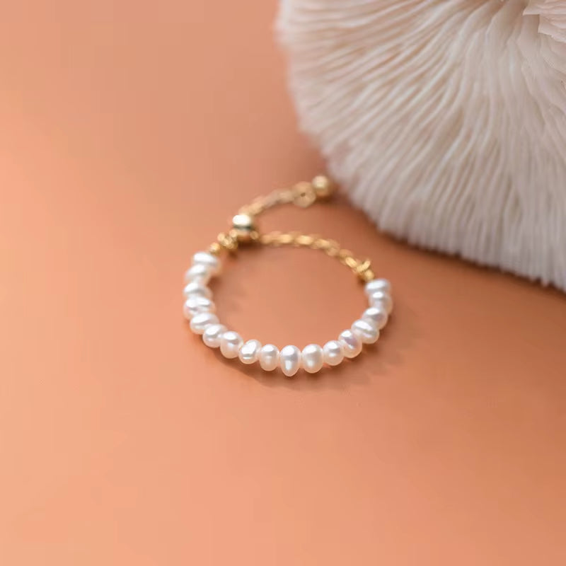 Fashion Jewelry 925 Sterling Silver Pearl Ring Real Natural Small Pearls Gold Plated Bead Ball Adjustable Rings for Women