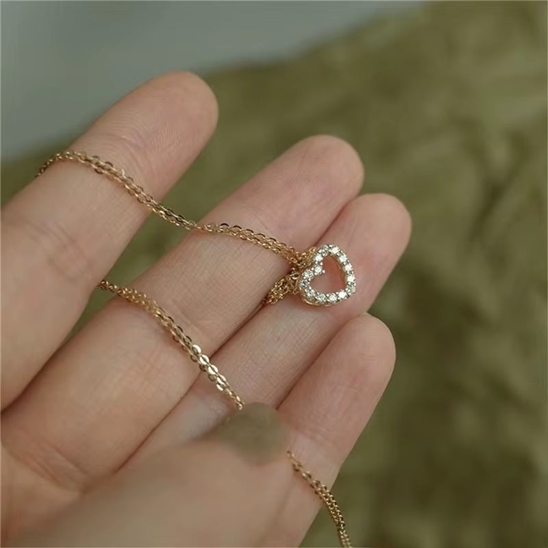 Fashion 925 Sterling Silver Hollowed Love Heart Zircon Pendant Gold Plated Necklaces for Women Valentine'S Day Present