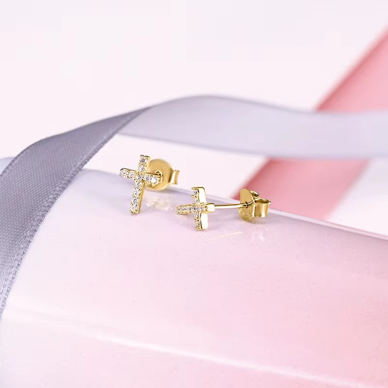 Dropshipping 925 Sterling Silver Minimalist Cross Shape with Cz Diamond Cross Stud Earrings for Women