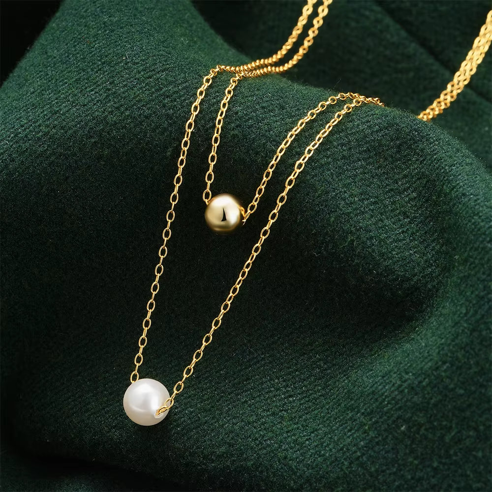 Fashion Jewelry 925 Sterling Silver Necklaces Pearl round Bead Double Layer Chain Gold Plated Necklace for Women