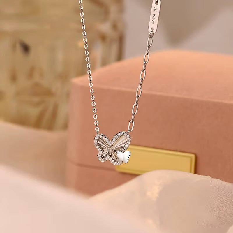 Wholesale Fine 925 Sterling Silver Necklace Double Butterfly Pendant Necklace with Zircon Gold Plated Chain Necklaces Women