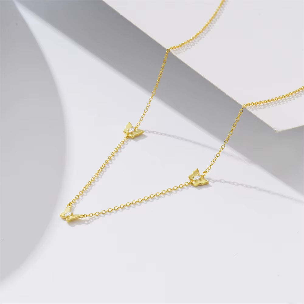Fashion Jewelry Necklace 925 Sterling Silver Butterfly Zircon Charm Necklace Three Butterflies Gold Plated Necklace Women