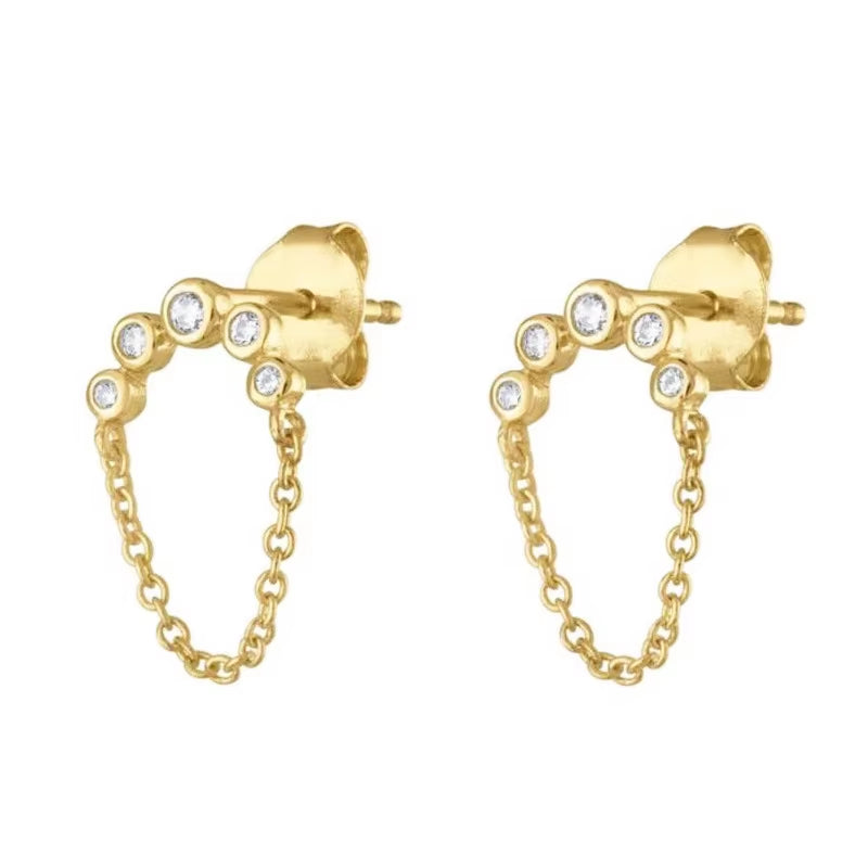 925 Sterling Silver Earrings a Bar Zircon Tassel Chain Gold Plated Stud Earrings for Women Tassel Earrings