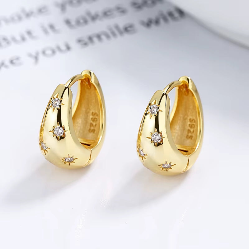 Hot Sale Fashion Jewelry 925 Sterling Silver Earring Star Light Zircon Gold Plated Hoop Earrings for Women