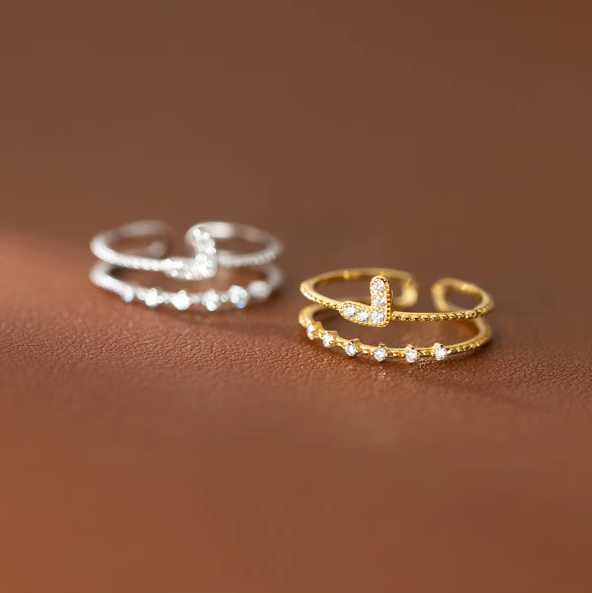 Fashion Jewelry 925 Sterling Silver Double Layers Heart Mini Diamond Gold Plated Open Rings for Women