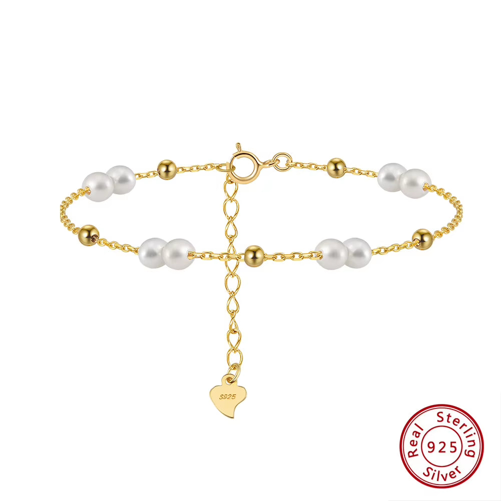 Fashion 925 Sterling Silver Natural Freshwater Pearl Gold Plated Ball Bead Bracelet Jewelry for Women
