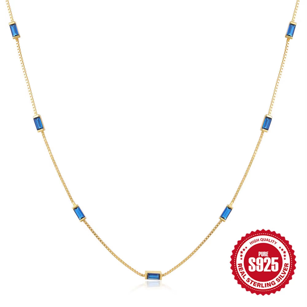 Fashion Silver Necklace Jewelry 925 Sterling Silver Colorful Small Rectangular Zircon Necklace Gold Plated Chain Necklace Women
