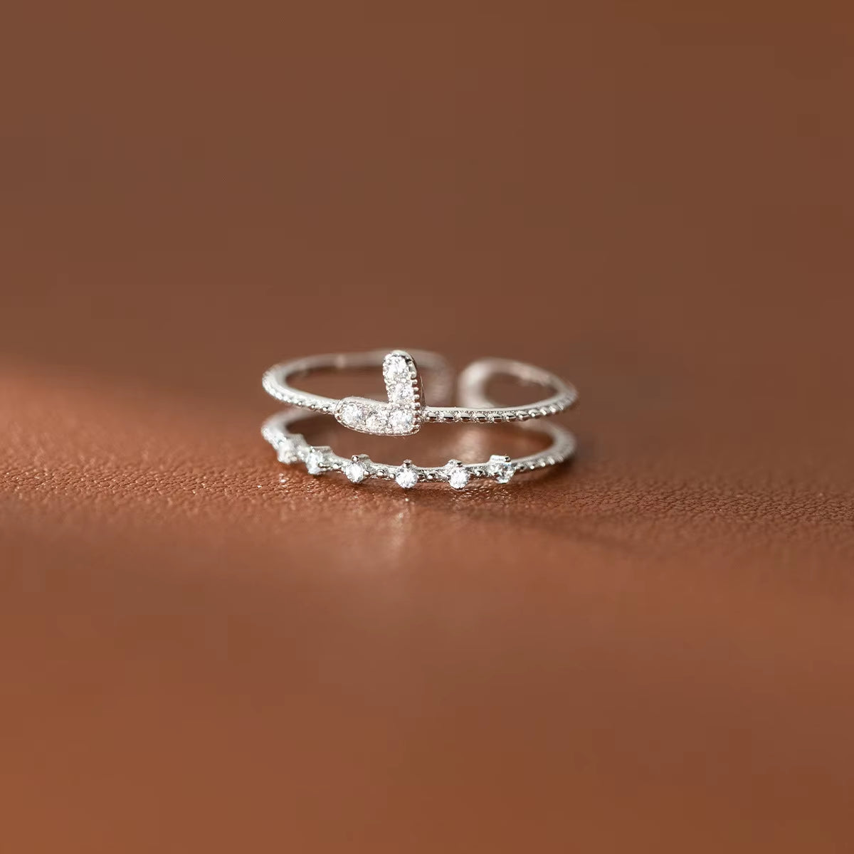 Fashion Jewelry 925 Sterling Silver Double Layers Heart Mini Diamond Gold Plated Open Rings for Women