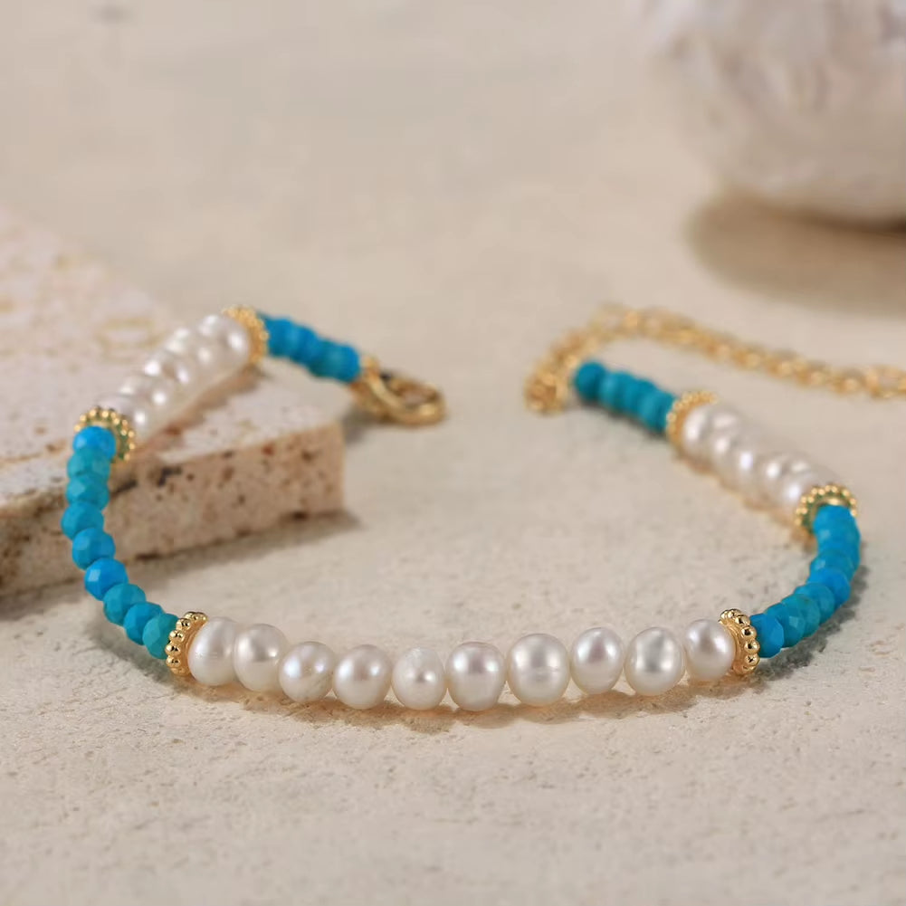 2024 NEW Fashion 925 Sterling Silver Natural Freshwater Pearl with Turquoise Stone Gold Plated Bracelet Jewelry for Women Girls