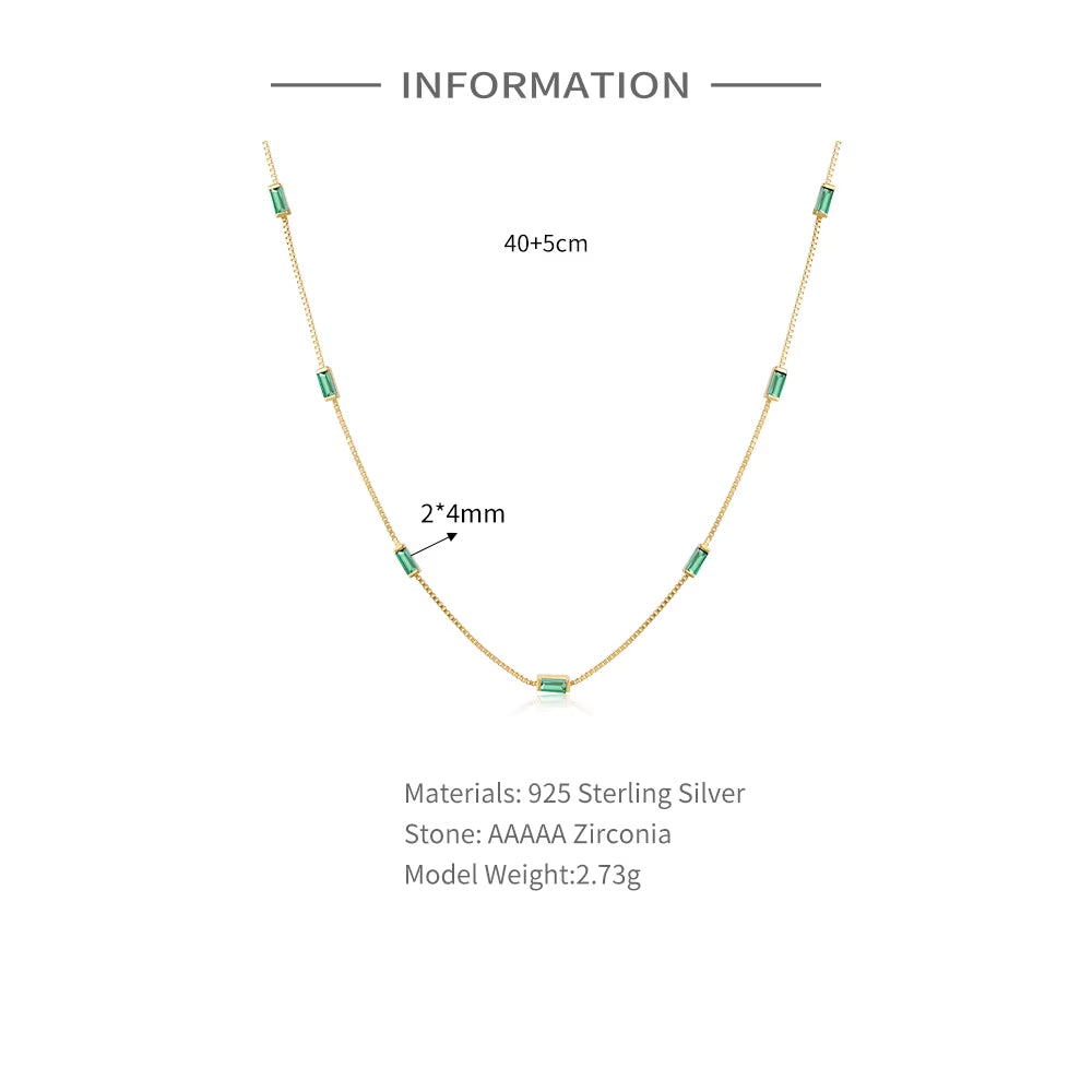 Fashion Silver Necklace Jewelry 925 Sterling Silver Colorful Small Rectangular Zircon Necklace Gold Plated Chain Necklace Women