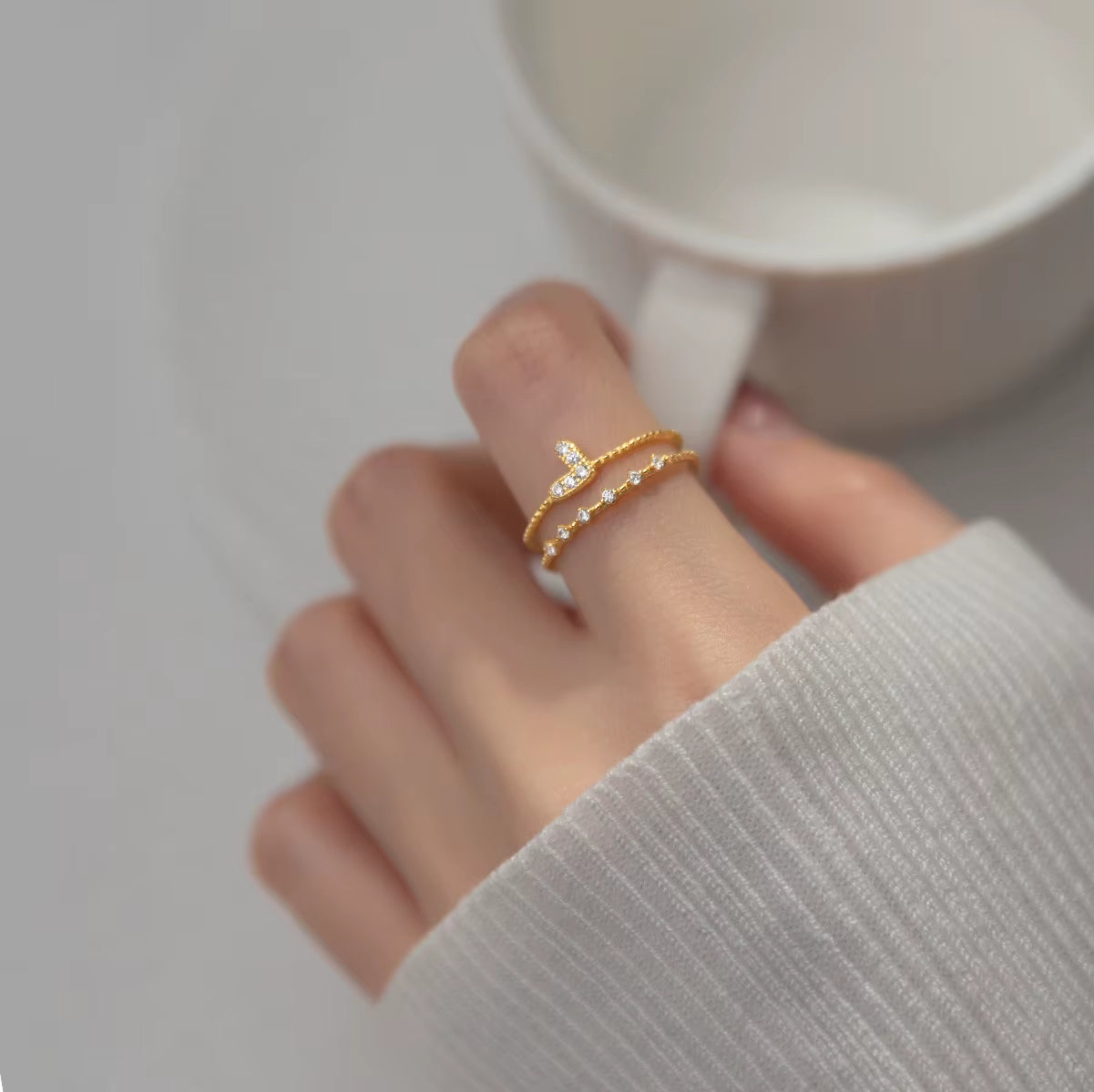Fashion Jewelry 925 Sterling Silver Double Layers Heart Mini Diamond Gold Plated Open Rings for Women
