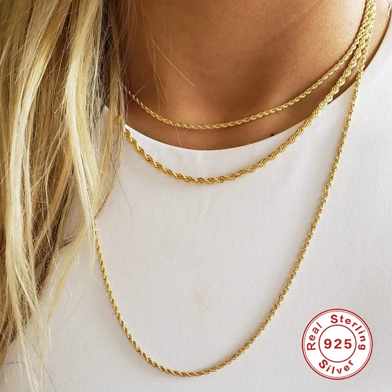 Wholesale 925 Silver Necklace Men and Women 925 Sterling Silver Basic Chain Necklace 18K Gold Plated Versatile Chain Necklaces