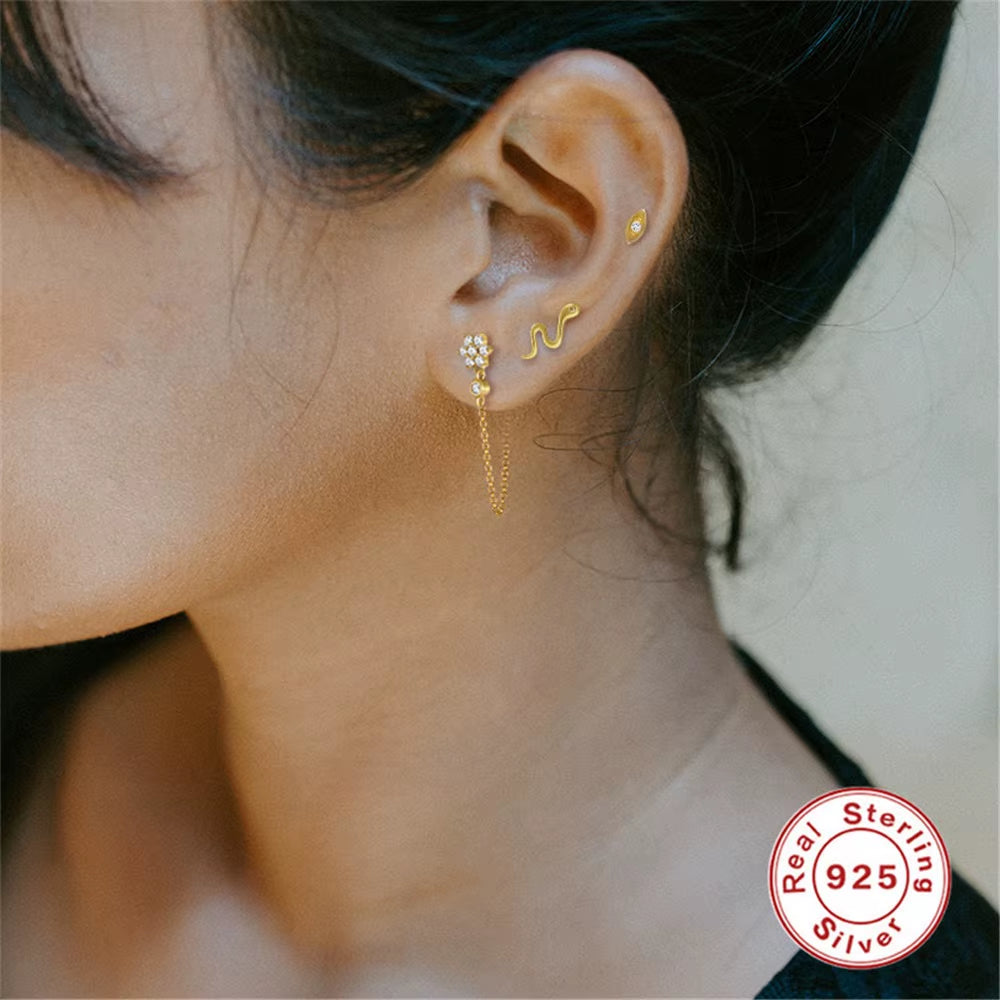 Korean Fashion Jewelry 925 Sterling Silver Long Tassel Earrings Set Snake Sun Flower Star Shape Gold Chain Stud Earrings Women