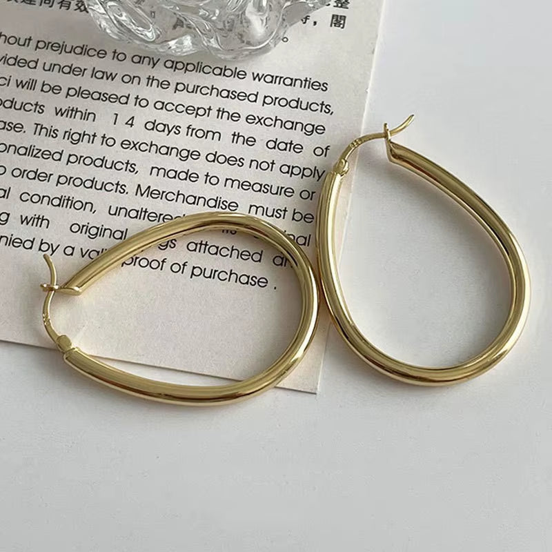 INS Fashion Jewelry 925 Silver Earring Women 18K Gold Plated Real Sterling Silver Water Drop Hollow Hoop Huggie Earring Women