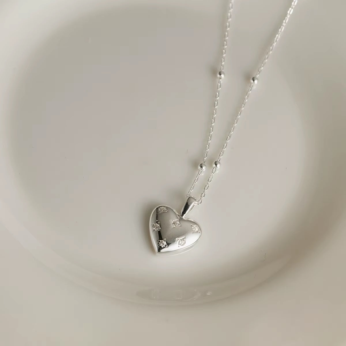 Fine Jewelry Necklaces 925 Sterling Silver Heart Zircon Necklace Heart Star Pendant Gold Plated Bead Necklaces for Women