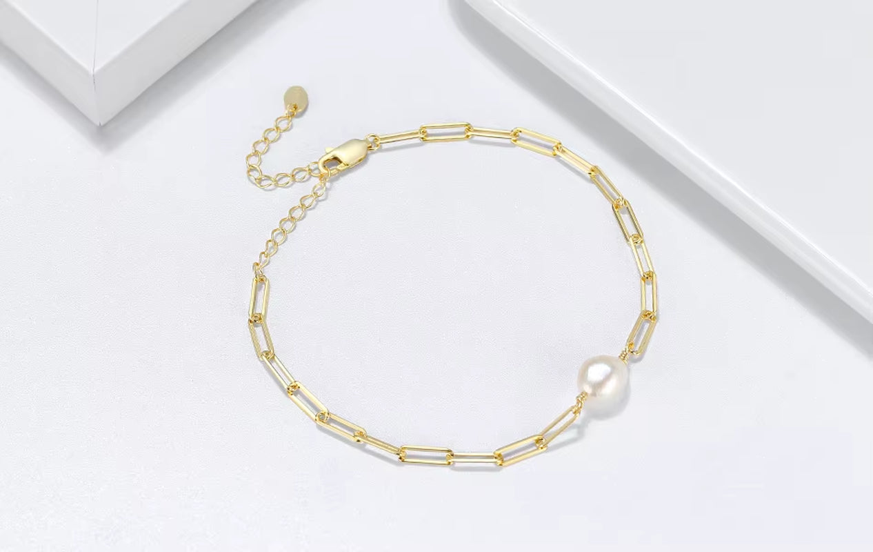 925 Silver Freshwater Pearl Bracelet Baroque Culture Paperclip Figaro Chain Link Chain Gold Plated Dainty Pearl Bracelets