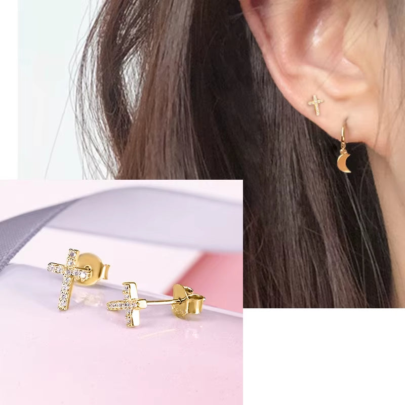 Dropshipping 925 Sterling Silver Minimalist Cross Shape with Cz Diamond Cross Stud Earrings for Women