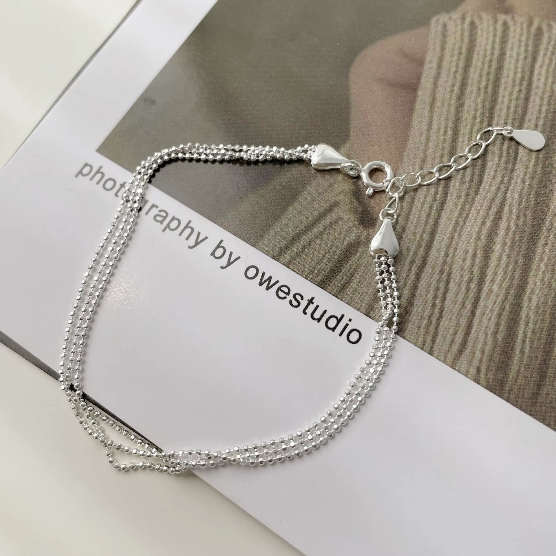 Wholesale 925 Silver Chain Bracelet Jewelry Sparkling Layered Wear Sterling Silver Simple Beads Three Layer Bracelet Women