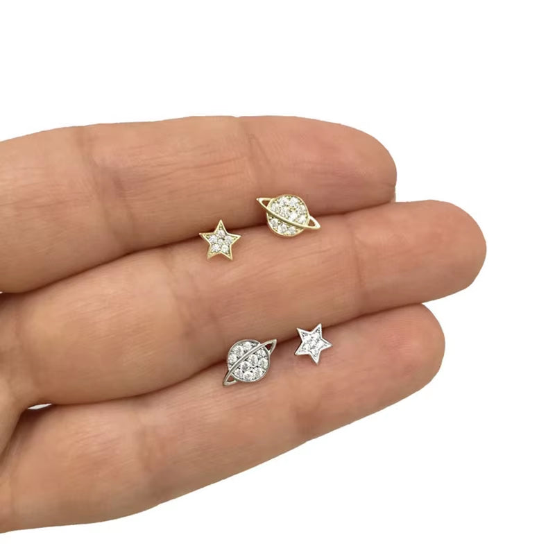 2022 NEW 925 Sterling Silver INS Minimalist Planet and Star Shape with Cz Gold Plated Stud Earrings for Women