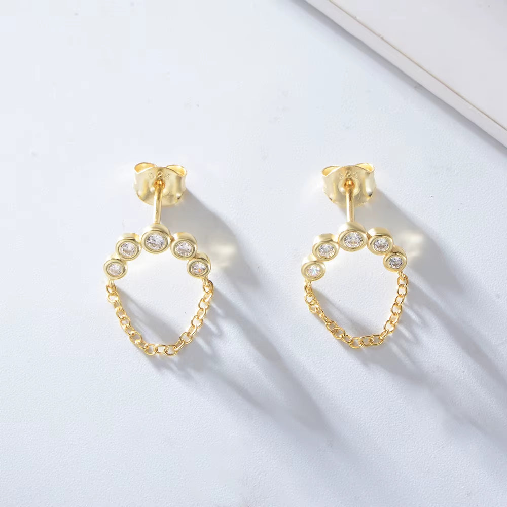 925 Sterling Silver Earrings a Bar Zircon Tassel Chain Gold Plated Stud Earrings for Women Tassel Earrings