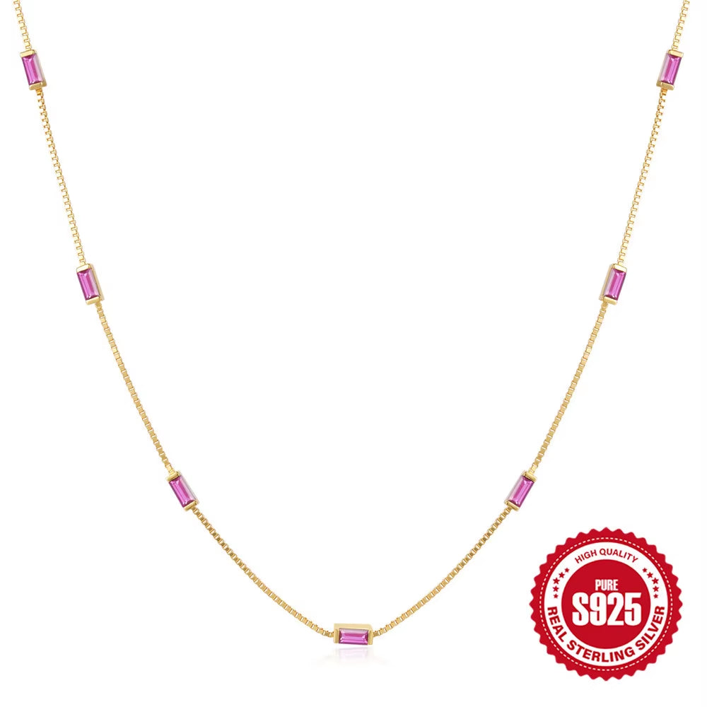 Fashion Silver Necklace Jewelry 925 Sterling Silver Colorful Small Rectangular Zircon Necklace Gold Plated Chain Necklace Women