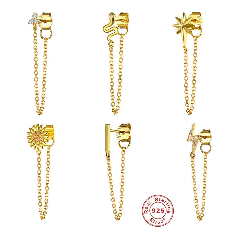 Korean Fashion Jewelry 925 Sterling Silver Long Tassel Earrings Set Snake Sun Flower Star Shape Gold Chain Stud Earrings Women