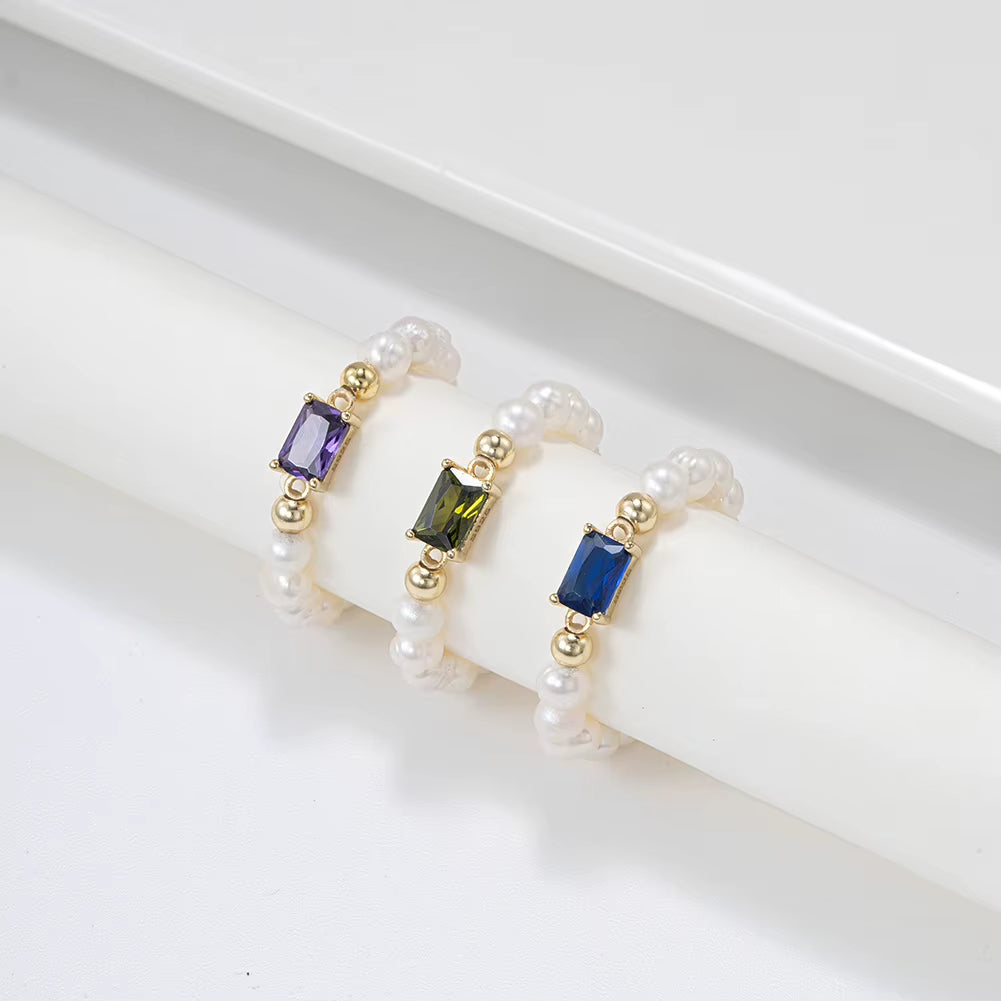 Dropshipping 925 Sterling Silver Square Multi Color Zircon with Natural Freshwater Pearl Ring Jewelry for Women