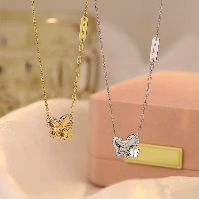 Wholesale Fine 925 Sterling Silver Necklace Double Butterfly Pendant Necklace with Zircon Gold Plated Chain Necklaces Women