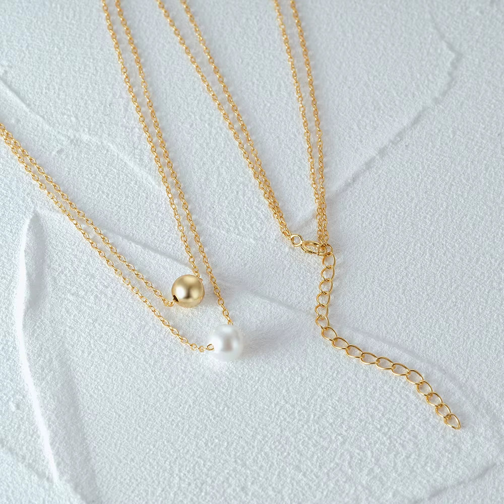 Fashion Jewelry 925 Sterling Silver Necklaces Pearl round Bead Double Layer Chain Gold Plated Necklace for Women