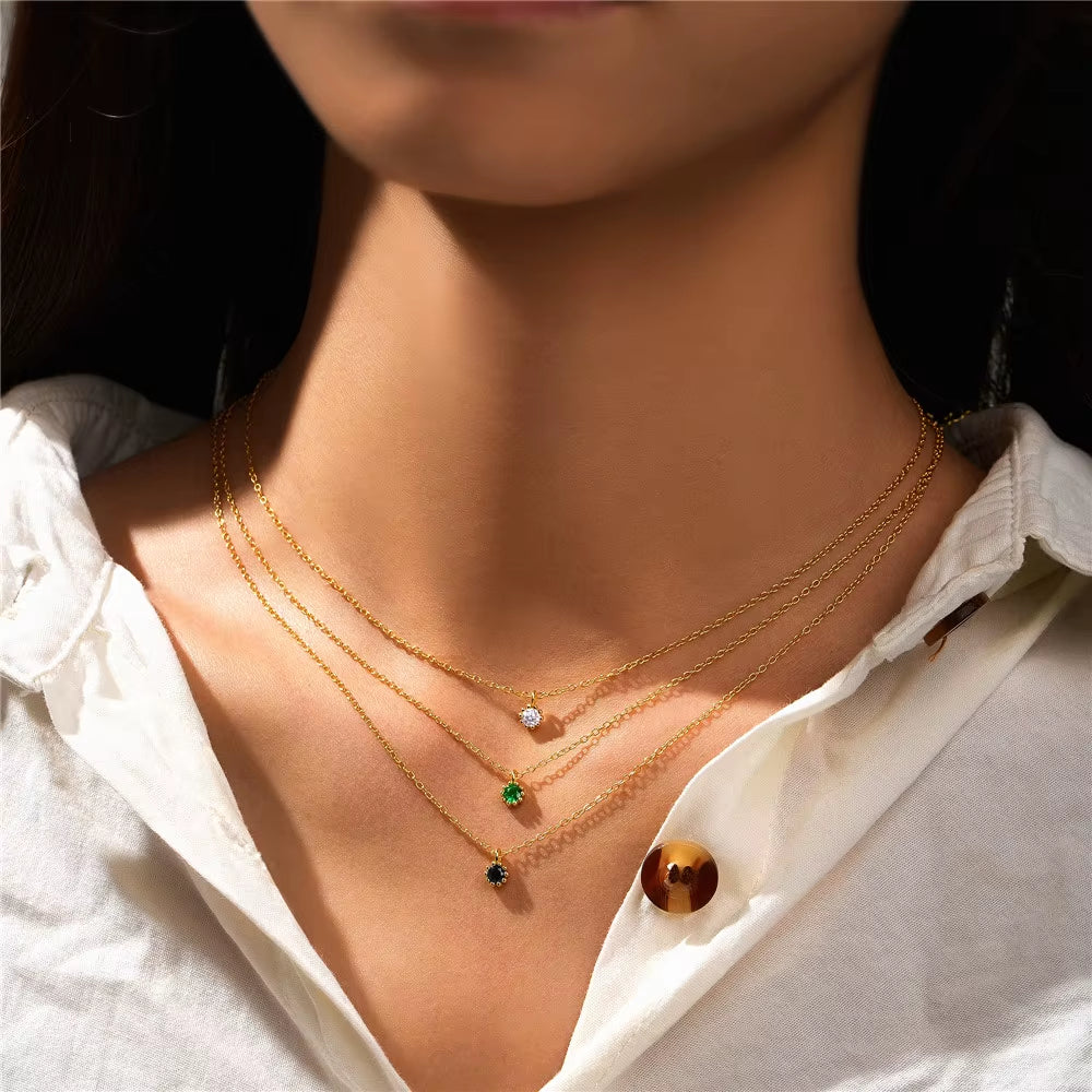 Fashion Minimalist Jewelry 925 Sterling Silver Simple Small Single Colored round Diamond Gold Plated Necklaces for Women