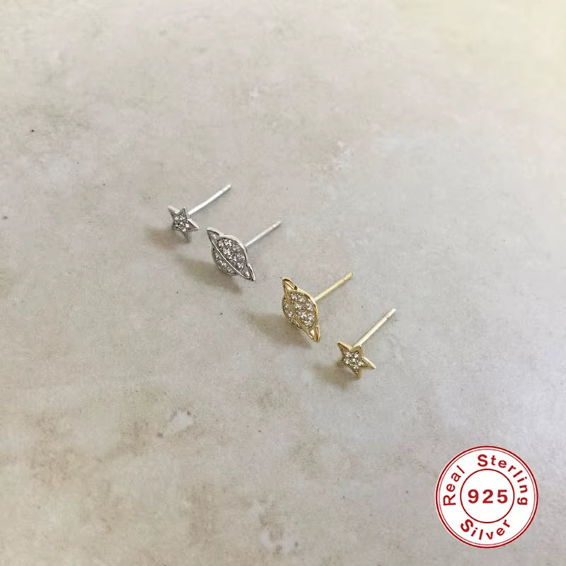 2022 NEW 925 Sterling Silver INS Minimalist Planet and Star Shape with Cz Gold Plated Stud Earrings for Women