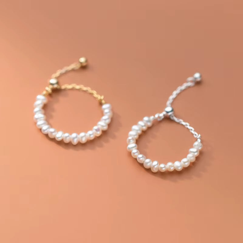 Fashion Jewelry 925 Sterling Silver Pearl Ring Real Natural Small Pearls Gold Plated Bead Ball Adjustable Rings for Women