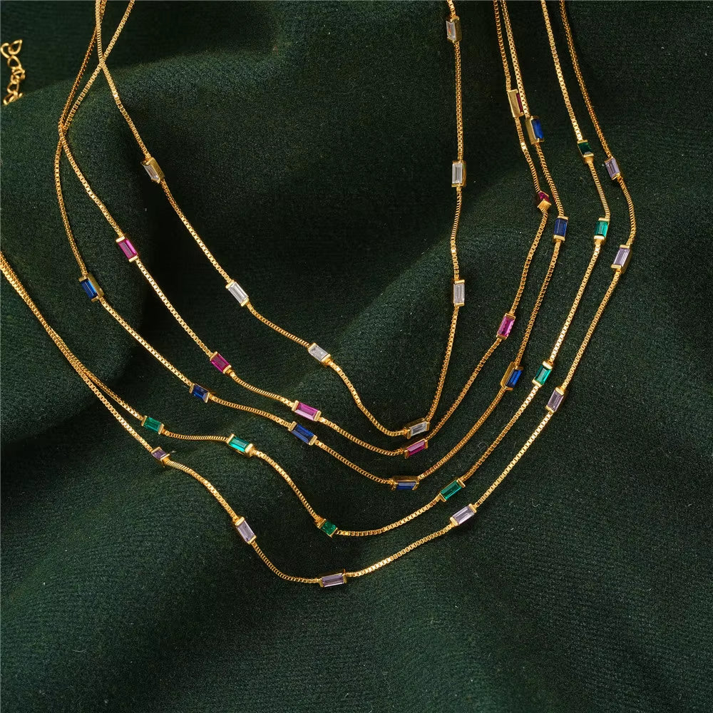 Fashion Silver Necklace Jewelry 925 Sterling Silver Colorful Small Rectangular Zircon Necklace Gold Plated Chain Necklace Women