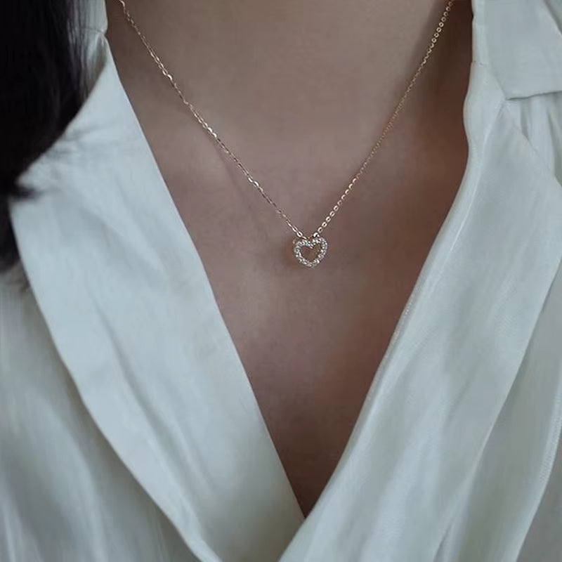 Fashion 925 Sterling Silver Hollowed Love Heart Zircon Pendant Gold Plated Necklaces for Women Valentine'S Day Present