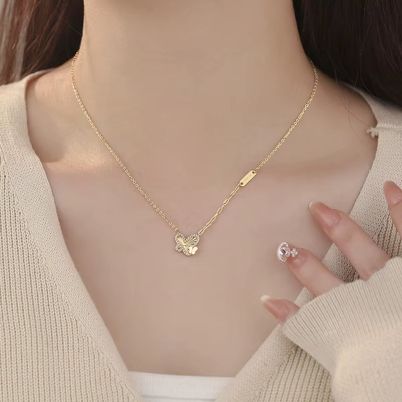 Wholesale Fine 925 Sterling Silver Necklace Double Butterfly Pendant Necklace with Zircon Gold Plated Chain Necklaces Women