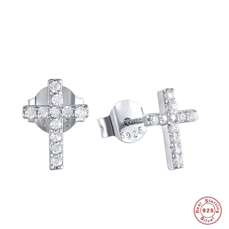 Dropshipping 925 Sterling Silver Minimalist Cross Shape with Cz Diamond Cross Stud Earrings for Women