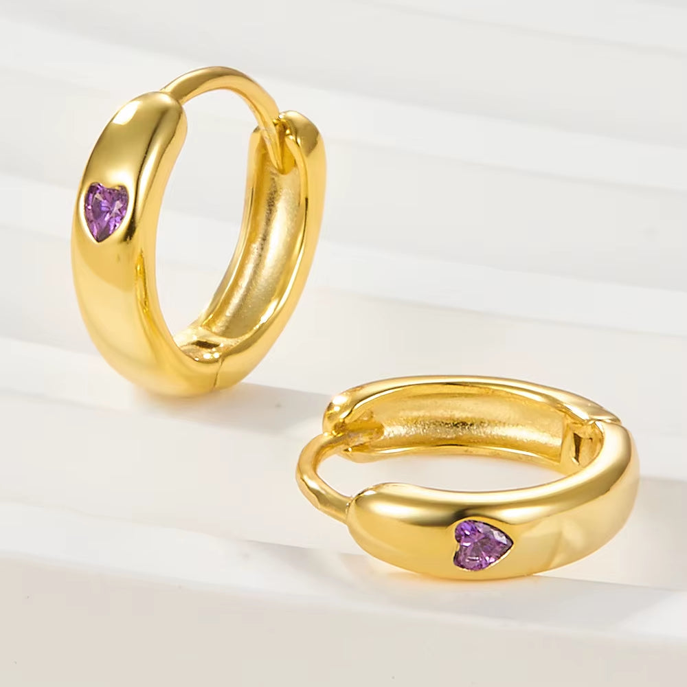 Wholesale Fashion Jewelry 925 Sterling Silver Multi Color Heart Small Zircon Gold Plated Hoop Earring Jewelry for Women