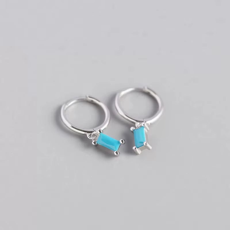 2024 Fashion 925 Sterling Silver Fashion Rectangular Blue White Red Turquoise Diamond Zirconia Hoop Earrings for Women
