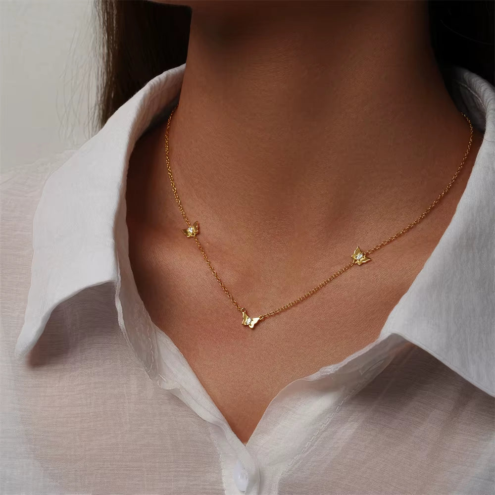 Fashion Jewelry Necklace 925 Sterling Silver Butterfly Zircon Charm Necklace Three Butterflies Gold Plated Necklace Women
