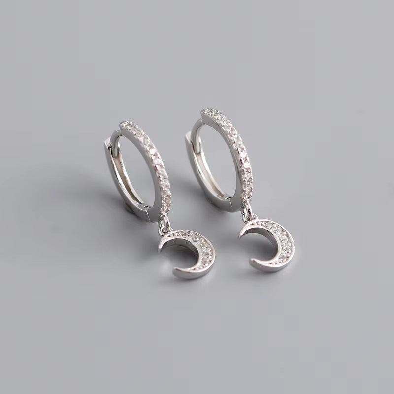 NEW 925 Sterling Silver INS Small Cz Diamond Moon Shape Gold Plated Hoop Earrings for Women
