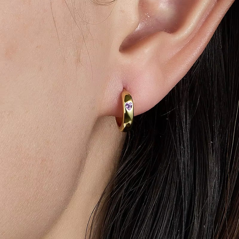 Wholesale Fashion Jewelry 925 Sterling Silver Multi Color Heart Small Zircon Gold Plated Hoop Earring Jewelry for Women