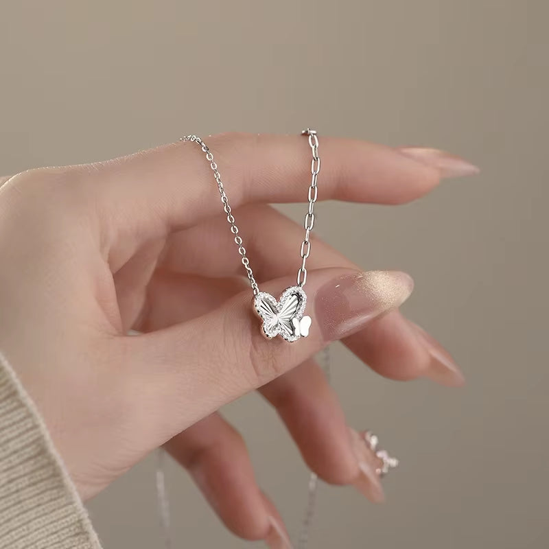 Wholesale Fine 925 Sterling Silver Necklace Double Butterfly Pendant Necklace with Zircon Gold Plated Chain Necklaces Women