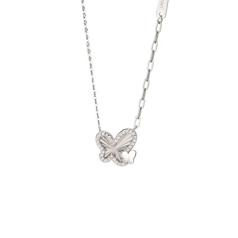 Wholesale Fine 925 Sterling Silver Necklace Double Butterfly Pendant Necklace with Zircon Gold Plated Chain Necklaces Women