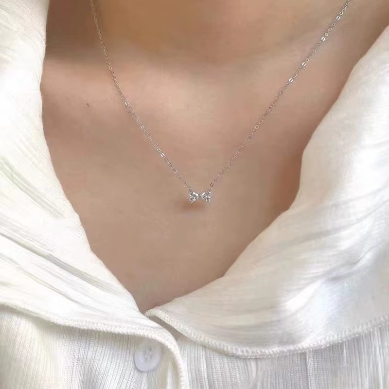 Fashion Minimalist Jewelry 925 Sterling Silver Simple Bow Knot Zircon Gold Plated Necklaces for Women